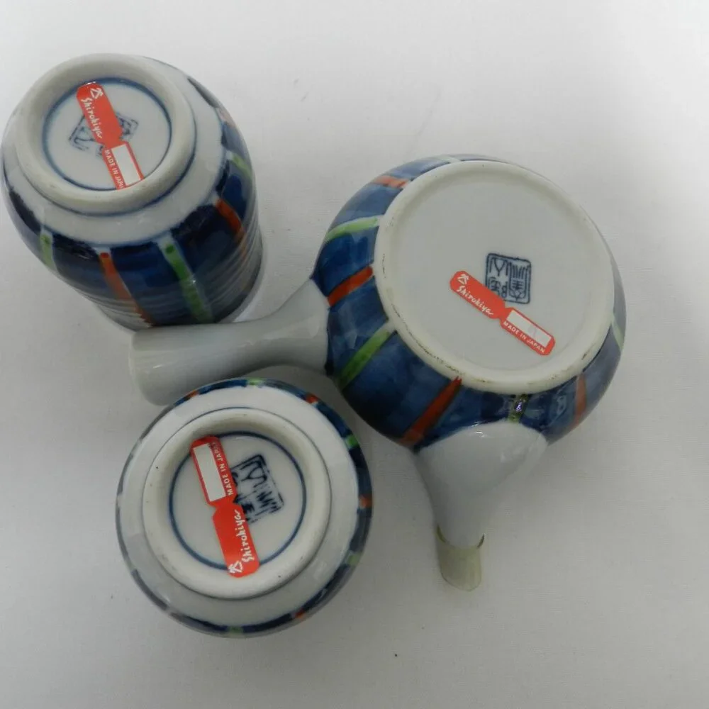Japanese Kyusu Teapot w/ 2 Cups ceramic Japan striped blue green red white NEW